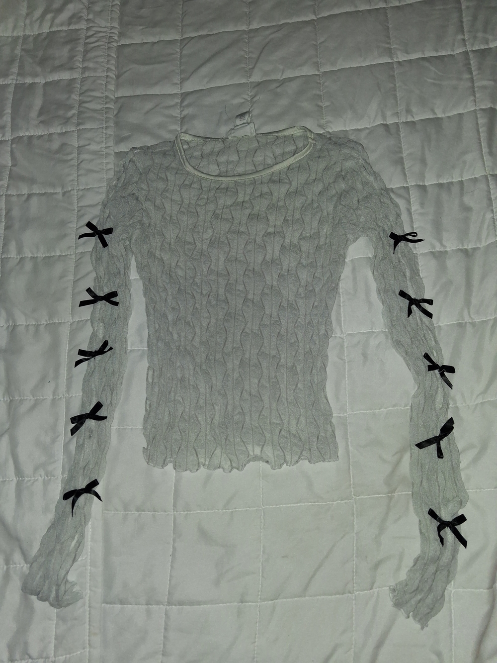 Sheer Cable-Texture Long Sleeve Top with Bow Details - White